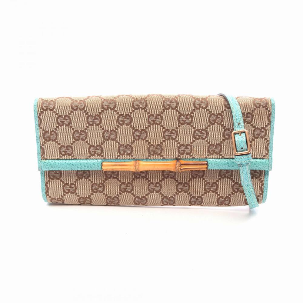 Gucci Bamboo Canvas Leather Shoulder Bag Beige Blue